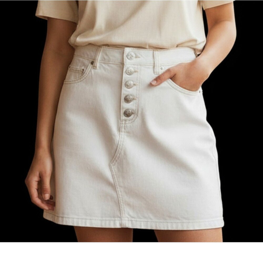 White Denim Mini Skirt with Button Closure & Pockets - Size Small